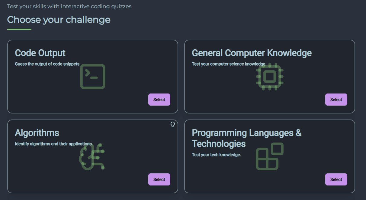 Choose your challenge — the four quiz types